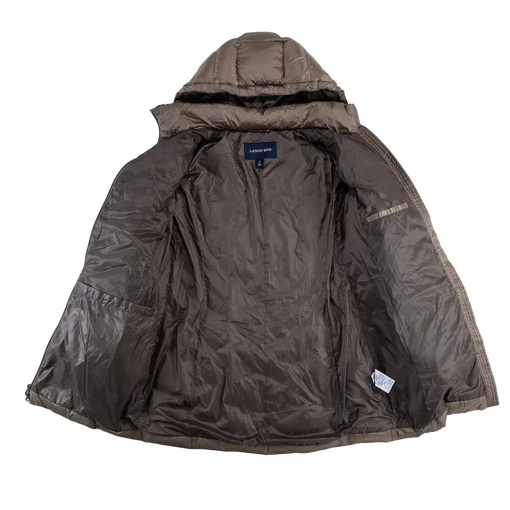 Lands’ End Wanderweight Down Coat Women S Brown Packable Hooded Mid Length